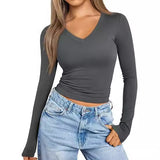 2025 Women's Long-Sleeved Autumn Fashion Blouse V-Neck Basic Style T-Shirt Splicing Design