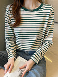 Pure Cotton Shoulder Long-Sleeved T-Shirt Women 2025 Spring And Autumn New Loose Striped Bottom Shirt Inside The T-Shirt Bloat