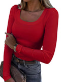 2026 New Burst Threaded Pit Strips Long-Sleeved Sexy U-Neck Casual Women's T-Shirt