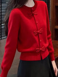 New Year Red Bow Design Chic Round Knitted Shirt Fashion Autumn And Winter Long-Sleeved Commuting Temperament Year Top