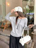 Pure Desire A Word Shoulder Gray Angle Shoulder Long-Sleeved T-Shirts For Women's Autumn Loose Bottom Shirt Languid Chic Beauty Top