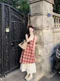 Blue Lattice Dress Dress Dress Dress Women Summer New Fake Two Splicing Lace Niche Design Long Dress