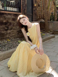 Gentle Style Yellow Lattice Vest Dress Women Summer Sweet Temperament Super Fairy Round Neckless Vacation Dress