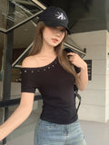 Slanted Shoulder Black Short-Sleeved T-Shirt 2026 Summer New Hot Diamond Design With A Unique Temperament Blouse
