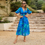 Dili Design Dress 2025 Summer Temperament To Close The Waist Deep V Collar Print Long Dress