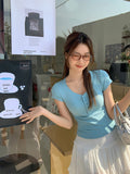 Korean Pure Sweet And Spicy Shoulder V Neck Short-Sleeved T-Shirt Women 2026 Spring And Summer High-End Feel Button Inside The Bottom Shirt Top