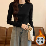 Milk White Gray Collar Shoulder Long Sleeves Solid-Colored T-Shirt Women's Early Autumn New Bottom Shirt Top