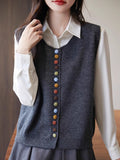 French Retro Buckle Round-Neck Knitted Vest Cardigan Women's Sleeveless Vest Sweater 2025 Autumn Folded Top