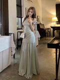 French Green Open-Shouldered Net Yarn Dress Women's Summer 2026 New Temperament Is Beautiful Pocketed And Hip Dress
