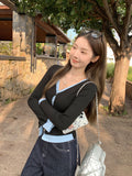 Sexy Babes Fake Two Knitted Long-Sleeved T-Shirt Women 2026 Early Autumn New Button Design Temperament V Collar Top