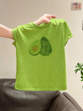 Korean Printing Slim Thin Round Neck T-Shirt 2026 Summer New Front Shoulder Design Short Top