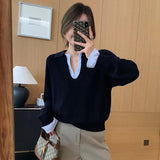 Relaxing Feeling Fashionable And Fashionable Color Fake Two Spliced Striped Knitted Shirt Girls Autumn Winter Design Loose V Collar Top
