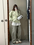 Korean Early Autumn Atmosphere Wearing A Green Collar Buckle Knit Shirt Sweater Women's Loose Coat Top
