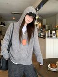 Flower Gray Hooded Draw Rope Long-Sleeved Zipper Knitted Cardigan Women 2026 Fall Languid Sweater Jacket