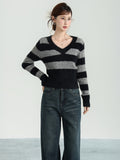Crash Color V-Neck Striped Around The Neck Long-Sleeved Knitted Shirt Women's Autumn And Winter Coat Wearing Sweaters And Bottoms Inside The Shirt