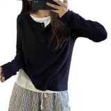 Small Buckle Fake Two T-Shirt Women's Long Sleeve Early Autumn Design Sense Of Small Bumpy Loose Top Inside The Bottom Shirt