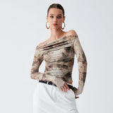 2025 Summer New Sexy Tie Dye Retro 3D Printing Embossed Shoulder Cloth Umbilical Long-Sleeved T-Shirt Girl