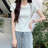 Blue And White Striped Shoulder Short-Sleeved T-Shirt Women's Summer Chic Repair Pure Cotton Basic Inside The T-Shirt