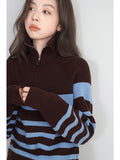 Striped Half-Zip Collar Collar Hooded Sweater Jacket Women's Autumn/Winter 2025 New Lazy Wind Wears Long-Sleeved Knitted Shirt