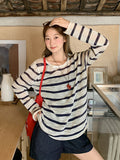 Korean Sweet Thin Striped Round-Neck Hooded Women's Summer New Lazy Wind Loose Roll Side Long Sleeve Top