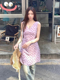 French Tea Break V Collar Purple Floral Vest Dress Women's Summer New Temperament Sleeveless A Word Holiday Skirt
