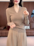 High-Level Sense V Collar Knitted Shirt Women's Bottom Shirt Autumn And Winter New Large-Size Fat Mm Slim Slim Thin Belly Top