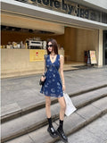 French Retro V-Neck Vest Dress Women's Summer Temperament Tibetan Blue Long Dress Niche Skinny A-Shaped Skirt