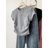 Short-Sleeved T-Shirt Female Gray Love Embroidery Short Model 2025 New Design Embroidery Shoulder Blouse Hottie