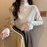 Half-High Collar Long-Sleeved Bottom Shirt T-Shirt Women's Autumn And Winter Lace Wood Ear With Velvet Thick And Stacked Inside And Put On The Top