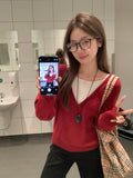 Red Fake Two Knitted Women's Autumn And Winter New Loose Lazy Han Sweater Long-Sleeved Top