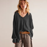 V-Necked Fashion Casual Waffling Shoulder Sleeves Sweater Movement Languid Autumn And Winter Top