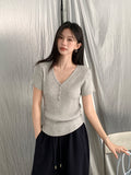 Casual Simple Solid Color Half-Open Collar Leakage Collar Collar Short-Sleeved T-Shirt Women's Summer New Thin Temperament Knitted Shirt Top