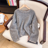 Special Counter Withdraws The Big-Name Shear Women's Retro Round Collar Collar Sweater Women's Spring And Autumn Lazy Wind Loose Knitting Top