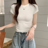 Red Retro Short White Women's Top Summer Tight Shoulder Sweet Hottie French Chic Short-Sleeved T-Shirt