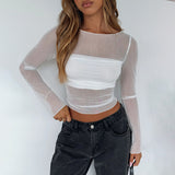 Summer Hot Net Yarn Bottom Top Coat Long Sleeve Perspective Inside The New Hot Girl T-Shirt