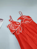 Women's Sweet Style Embroidery Sling Skirt Goldfish Shoulder Strap Loose Dress High-Waisted Loose Long Dress