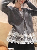 Korean Retro Gray Knitted Cardigan Sweater Coat Women Early Spring With Folding Design Sense Of Unique Top