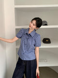 Fashion Retro Blue Plaid Short Sleeve Loose Shirt For Women's Summer New Bubble Sleeves Collar Sweet Top
