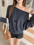 Grey One-Word Collar Twill Long-Sleeved Knitting Knitting Women's Clothing 2026 Korean Early Autumn Wearing A Huge Look And Loose Top
