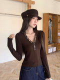 Curry Color Lattice Splicing Colliding Color V Collar With Long-Sleeved T-Shirt Women 2026 Autumn New Half-Open Bottom Shirt Top