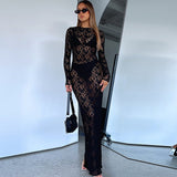 2025 Summer New Women's Pure Color Lace Perspective Long Sleeve Long Dress