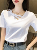 V-Neck Cotton Short-Sleeved T-Shirt Women's Clothing 2025 Summer Cross-Colored Uniform Design Small Half-Sleeved Top Hollow