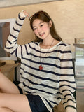 Korean Sweet Thin Striped Round-Neck Hooded Women's Summer New Lazy Wind Loose Roll Side Long Sleeve Top