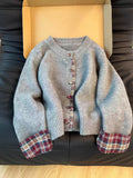 Fake Two Korean Round Collar Spliced Lattice Sweater Women 2025 Autumn And Winter New Knitted Coat Loose Casual Opener