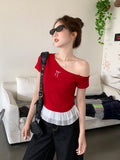Red Oblique Shoulder Bow Design Sense Short-Sleeved T-Shirt For Women's New Lace Lace Splicing Tops In Summer 2026