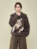 Brown Puppy Plush Collar Long-Sleeved Knitted Sweater Coat In Autumn And Winter Bottom With Thicker Warm Tops For Women
