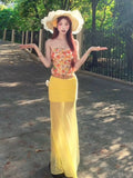 Seaside Holiday Hottie Suit Women Summer Flowers Tsets Tsets Wearing Yellow Mesh Yarn Hips Half-Dress Two-Piece Cover