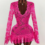 New Women's Vintage Babes Hollow Lace V-Neck Waist Thin Perspective Holiday Dress