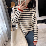 Crash Striped Smiley Face Round Collar Knitted Bottom Shirt Women's Spring And Autumn Design Sense Loose Lazy T-Shirt Top