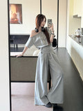 Gray Suit Design Slanted Shoulder To Waist Short-Sleeved T-Shirt Women Summer High-Waisted Leisure Broad Leg Trousers Two-Set